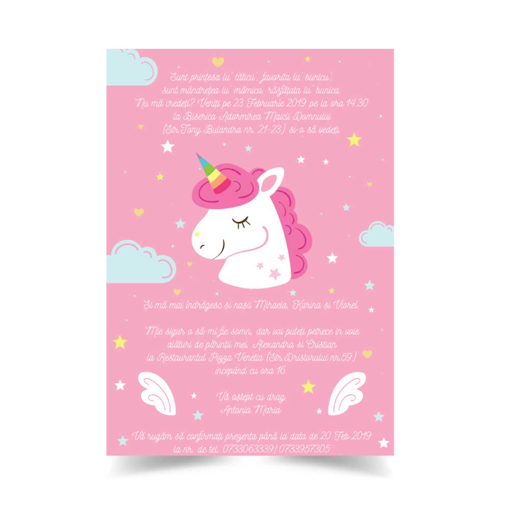 invitatie unicorn, zi de nastere, pentru fata
