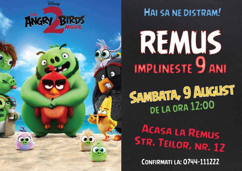 Invitatie Angry Birds, zi de nastere, pentru baiat sau fata